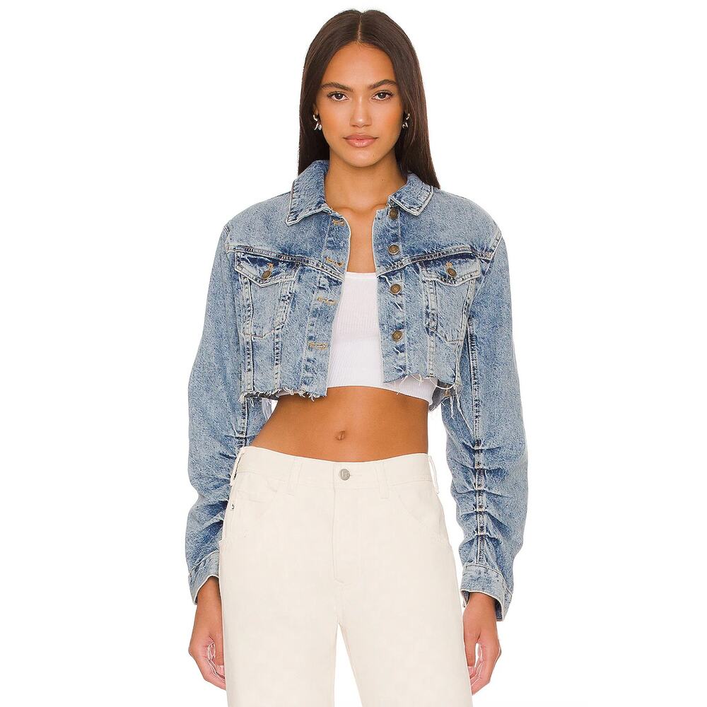 We The Free Free People Women Blue Cropped Denim Jacket Caged‎ Stone OB1440056 L